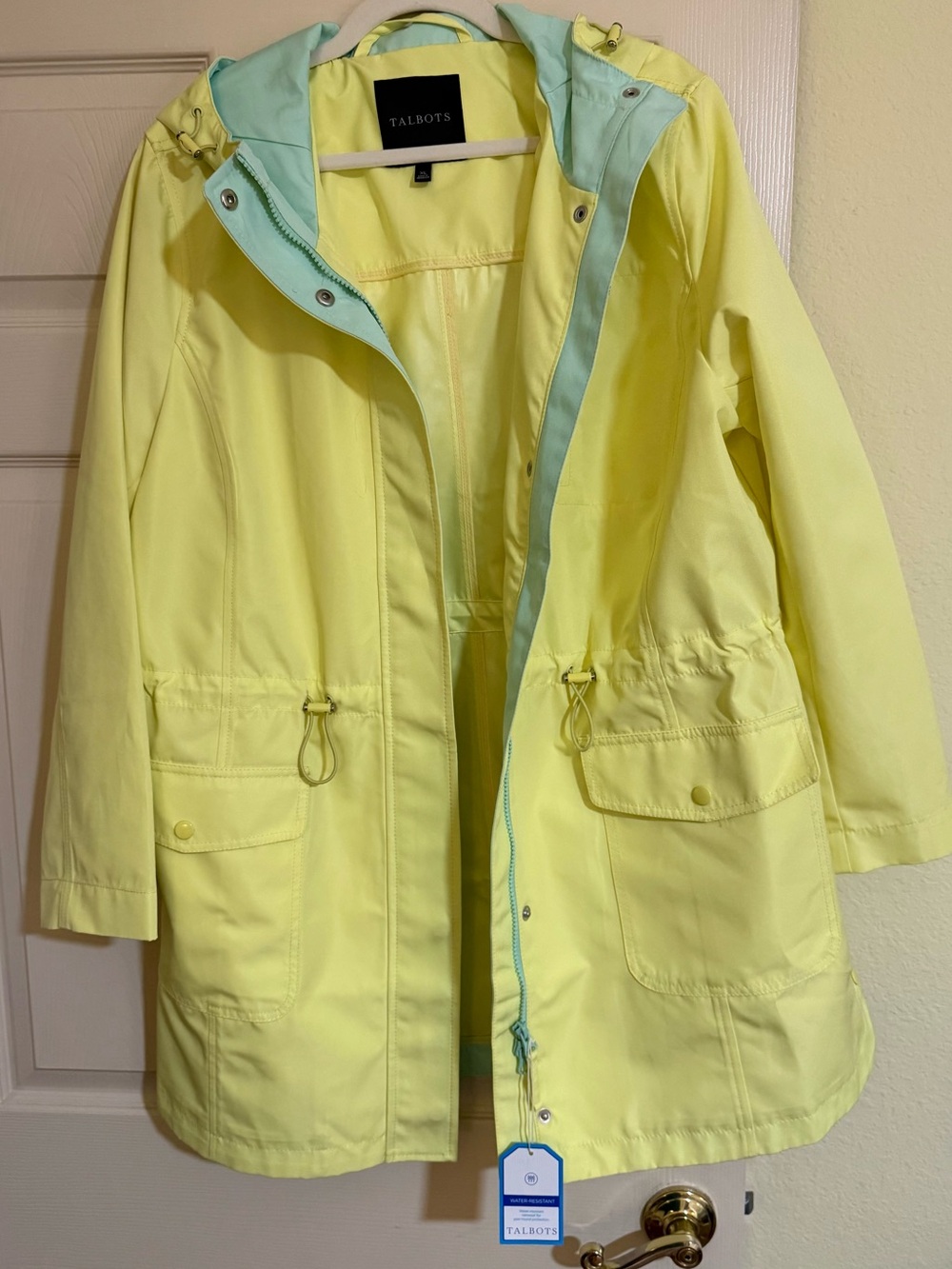 Talbots Light Yellow Hooded Trench Coat/Rain Jacket with Mint Trim
